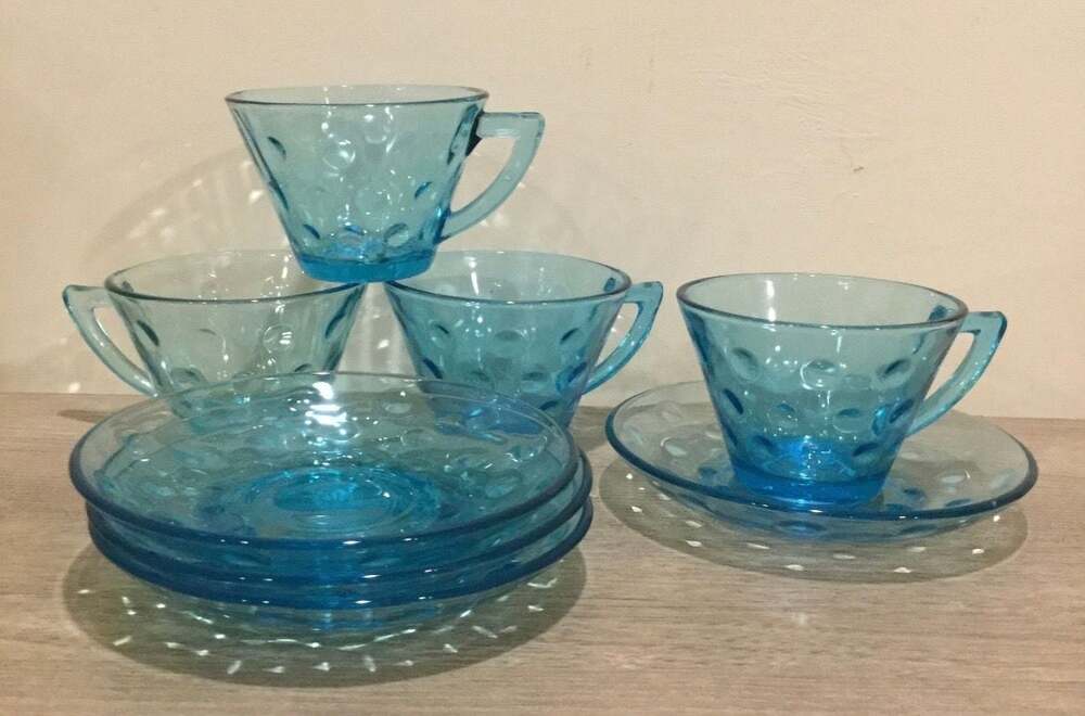 Vintage Hazel Atlas Capri Dot Aqua Blue Teacup and Saucer Set